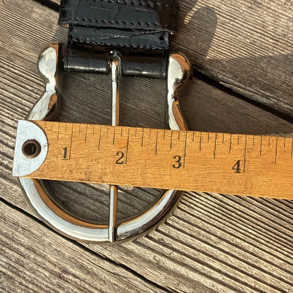 Cache Belt 40' Croc Embossed Patent Leather Wide Black L Horseshoe Buckle 7227